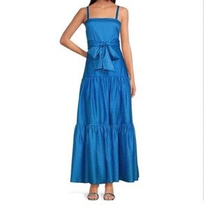 Badgley Mischka Blue Striped Tiered Maxi Dress with Waist Bow